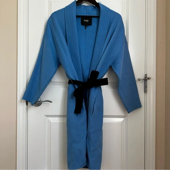 MAJE Oversized Dropped Shoulders Wool Coat with Contras Black Belt Size US4 Fall - Picture 1 of 16